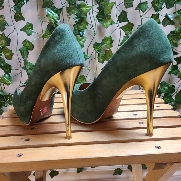 Zara Women's Faux Suede Green Gold Platform Evening Peep Toe Heel - Picture 5 of 16